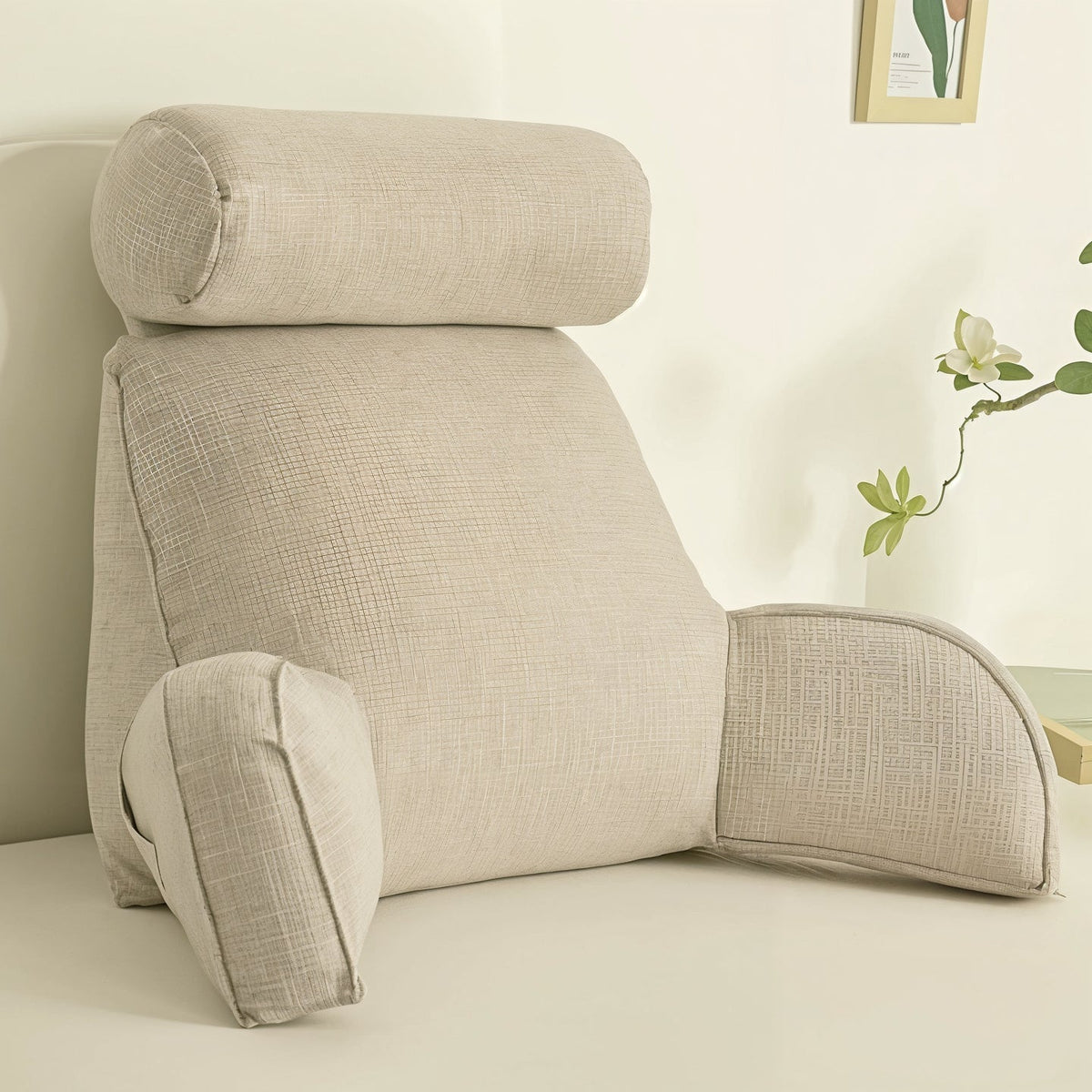 Adjustable Backrest Cushion with Movable Headrest & Side Pocket for Bed or Couch