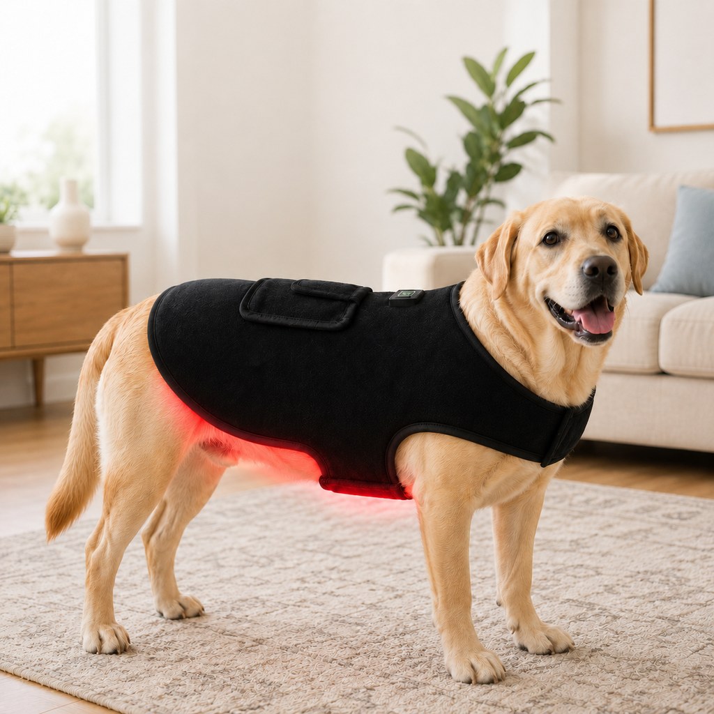 Chaleco de luz roja para mascotas (perros y gatos) – Envoltura de confort con infrarrojo cercano de 660 nm + 850 nm para espalda, cadera y articulaciones – Recargable por USB