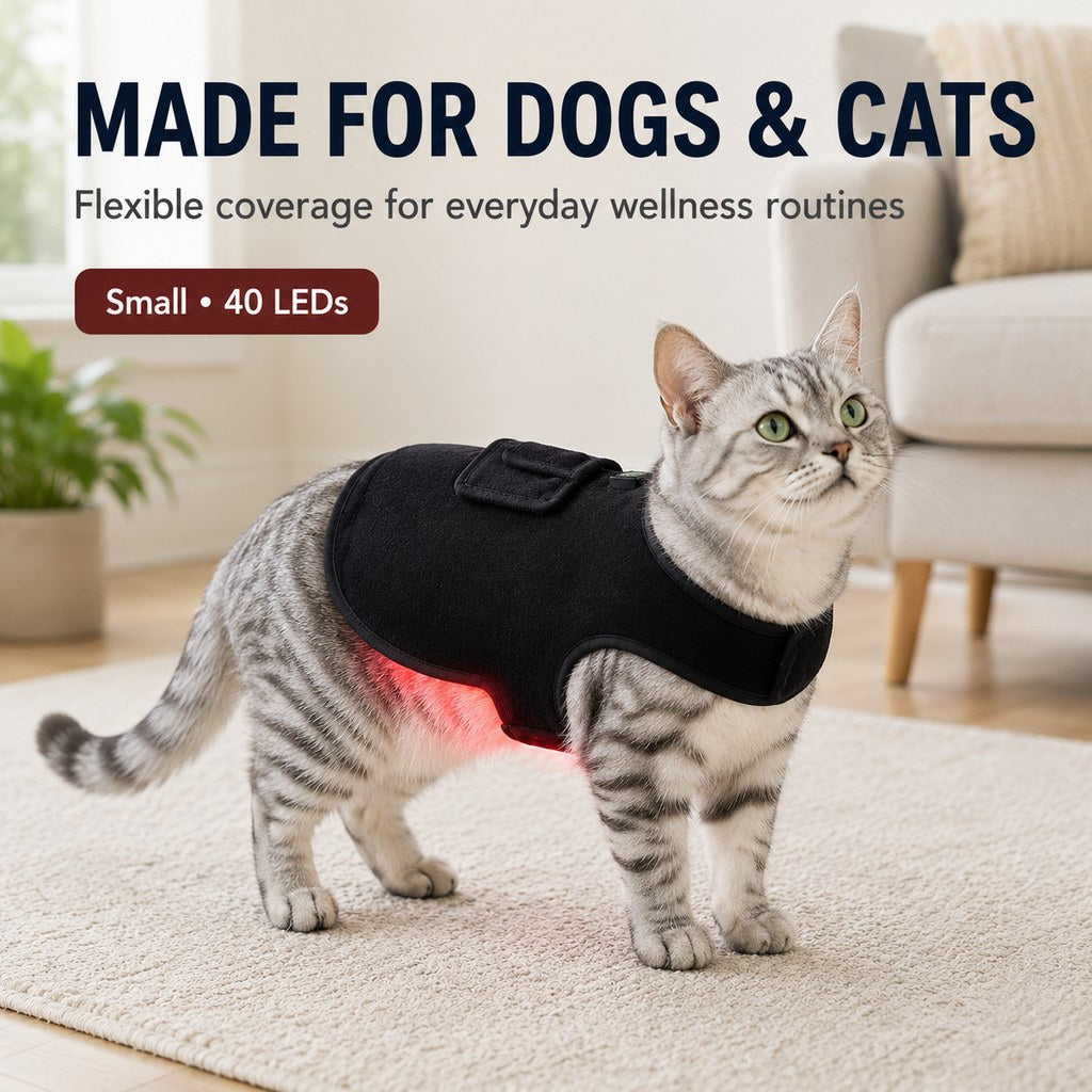 Chaleco de luz roja para mascotas (perros y gatos) – Envoltura de confort con infrarrojo cercano de 660 nm + 850 nm para espalda, cadera y articulaciones – Recargable por USB