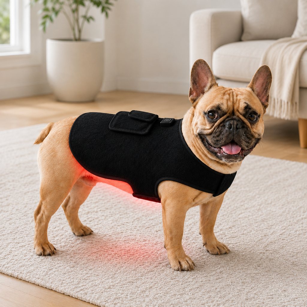 Chaleco de luz roja para mascotas (perros y gatos) – Envoltura de confort con infrarrojo cercano de 660 nm + 850 nm para espalda, cadera y articulaciones – Recargable por USB