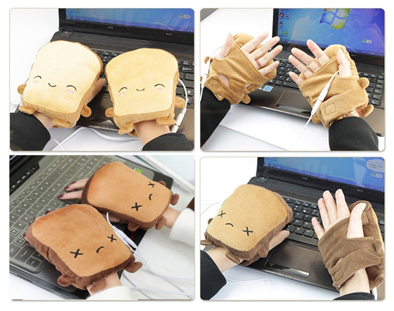 USB Heated Fingerless Gloves – Toast Shape Hand Warmers for Typing & Gaming