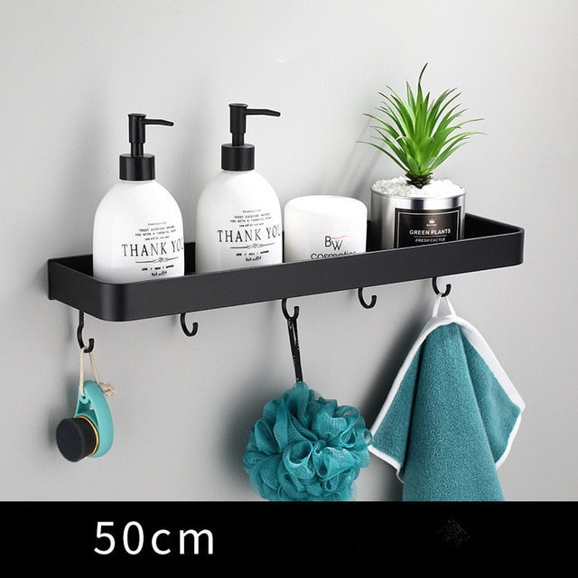 Floating Aluminum Storage Rack for Bathroom & Kitchen Organization | Space-Saving Wall Shelf with Towel Bar | Black Metal Organizer for Smal | Thomler