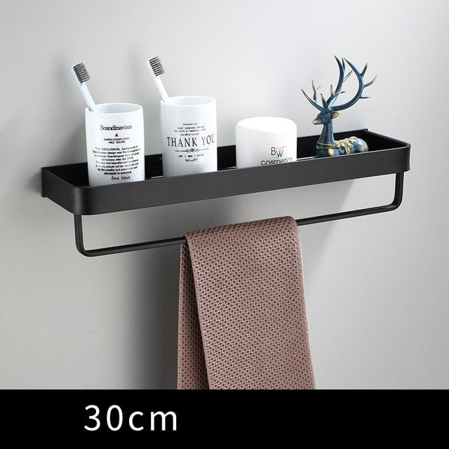 Floating Aluminum Storage Rack for Bathroom & Kitchen Organization | Space-Saving Wall Shelf with Towel Bar | Black Metal Organizer for Smal | Thomler