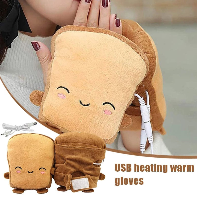 USB Heated Fingerless Gloves – Toast Shape Hand Warmers for Typing & Gaming