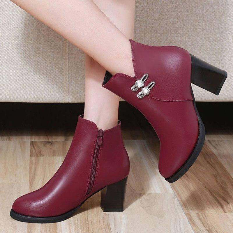Women's Crystal-Accent Ankle Boots with Block Heel & Side Zipper