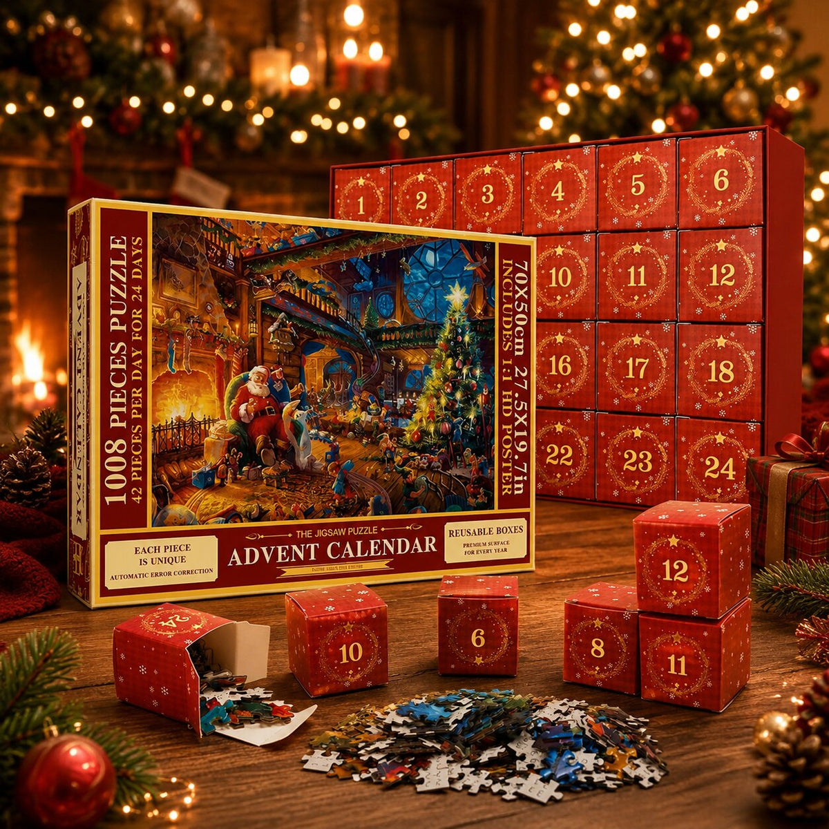 Holiday Countdown Jigsaw Calendar – 1,008-Piece Christmas Puzzle in 24 Daily Segments with Full-Size Guide Poster