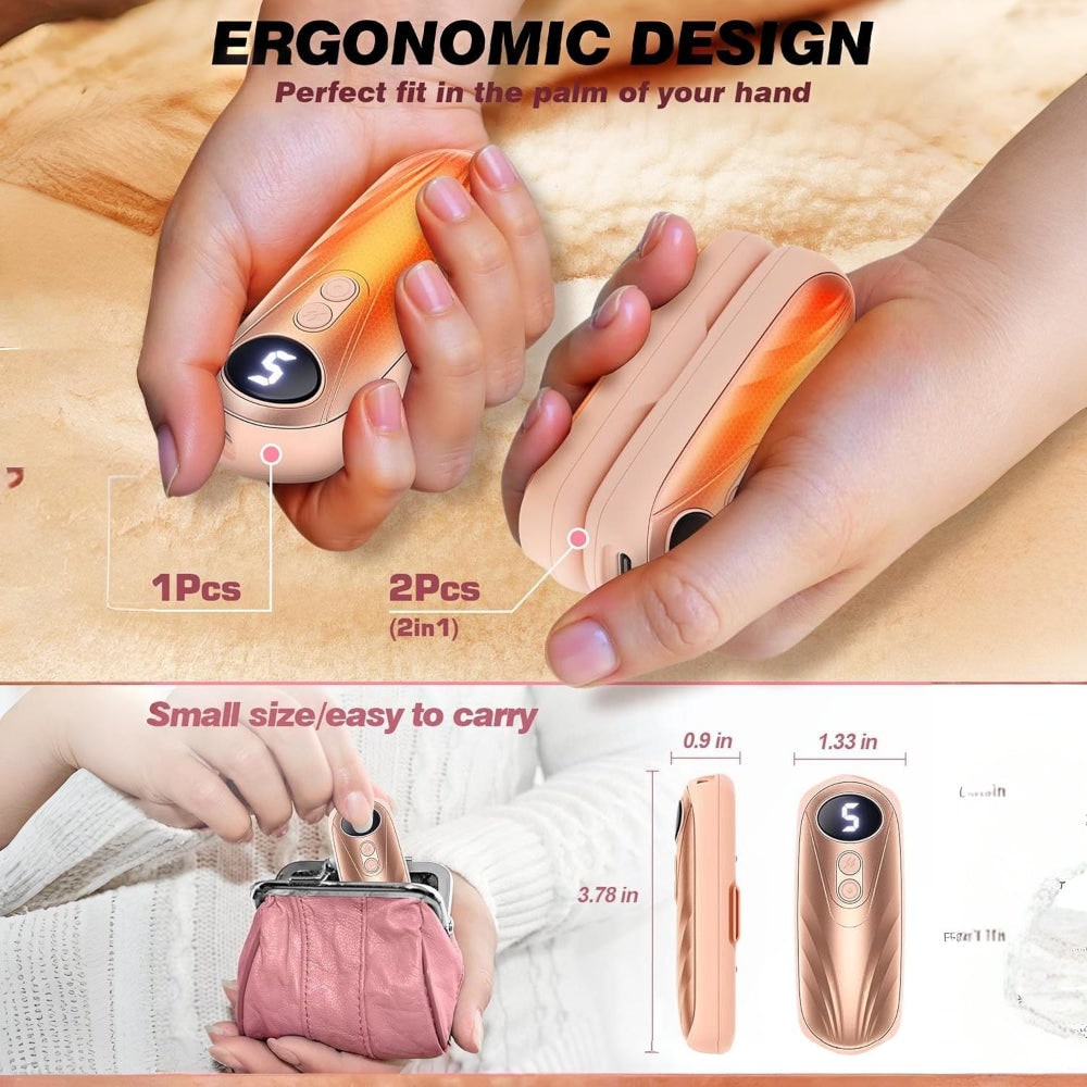 USB Hand Warmers 5-Heat LED Display Pocket Heaters Rechargeable Set 2-Pack for Skiing Winter Commute