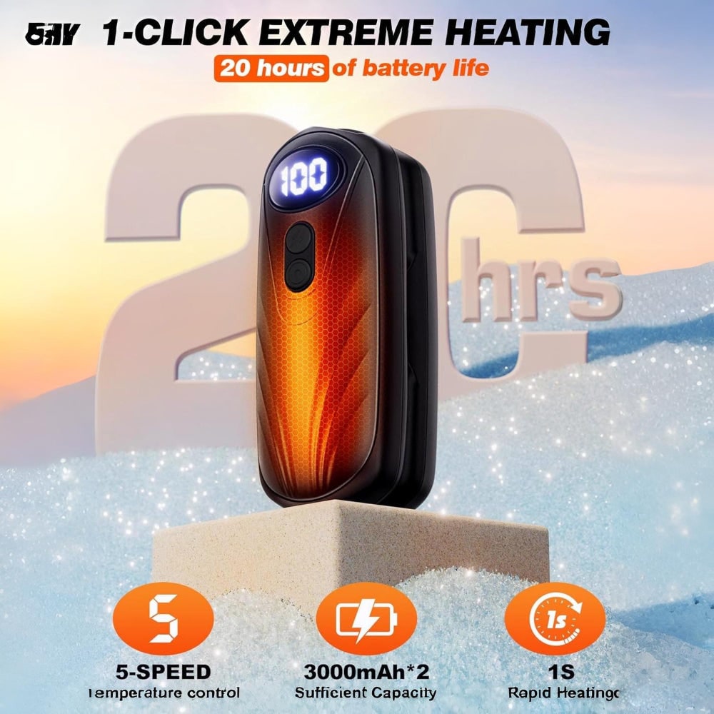 USB Hand Warmers 5-Heat LED Display Pocket Heaters Rechargeable Set 2-Pack for Skiing Winter Commute