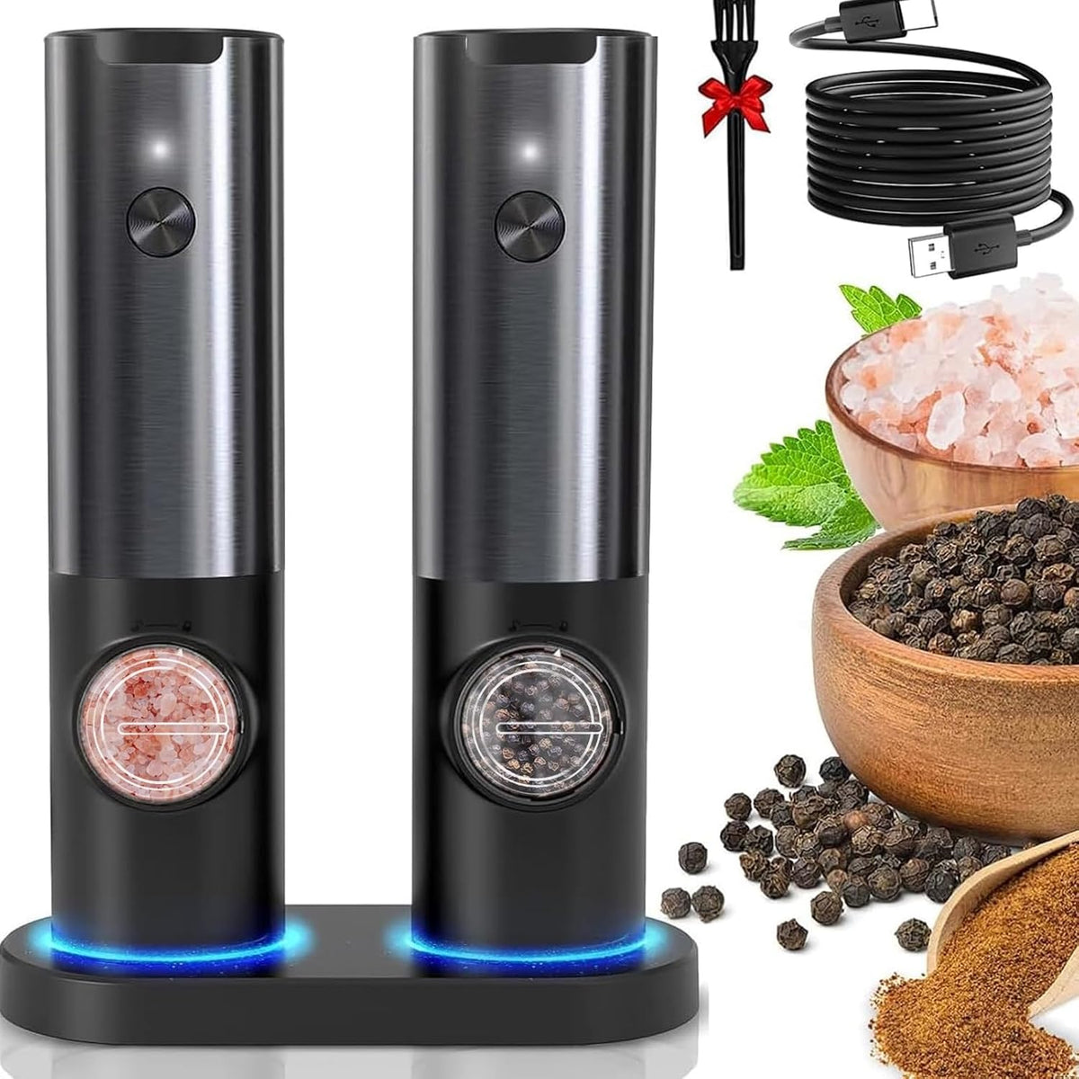 Molinillo eléctrico recargable por USB para especias y condimentos: Molinillo automático de acero inoxidable con un solo toque y ajuste de grosor regulable