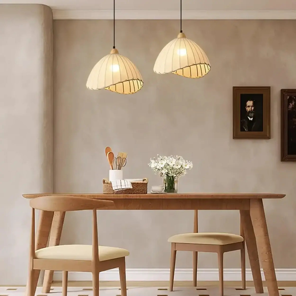 Wood & Linen Drum Ceiling Light 59 in Drop for Dining Tables Kitchen Islands E27 Socket Adjustable Hanging Fixture Natural Minimalist | Thomler