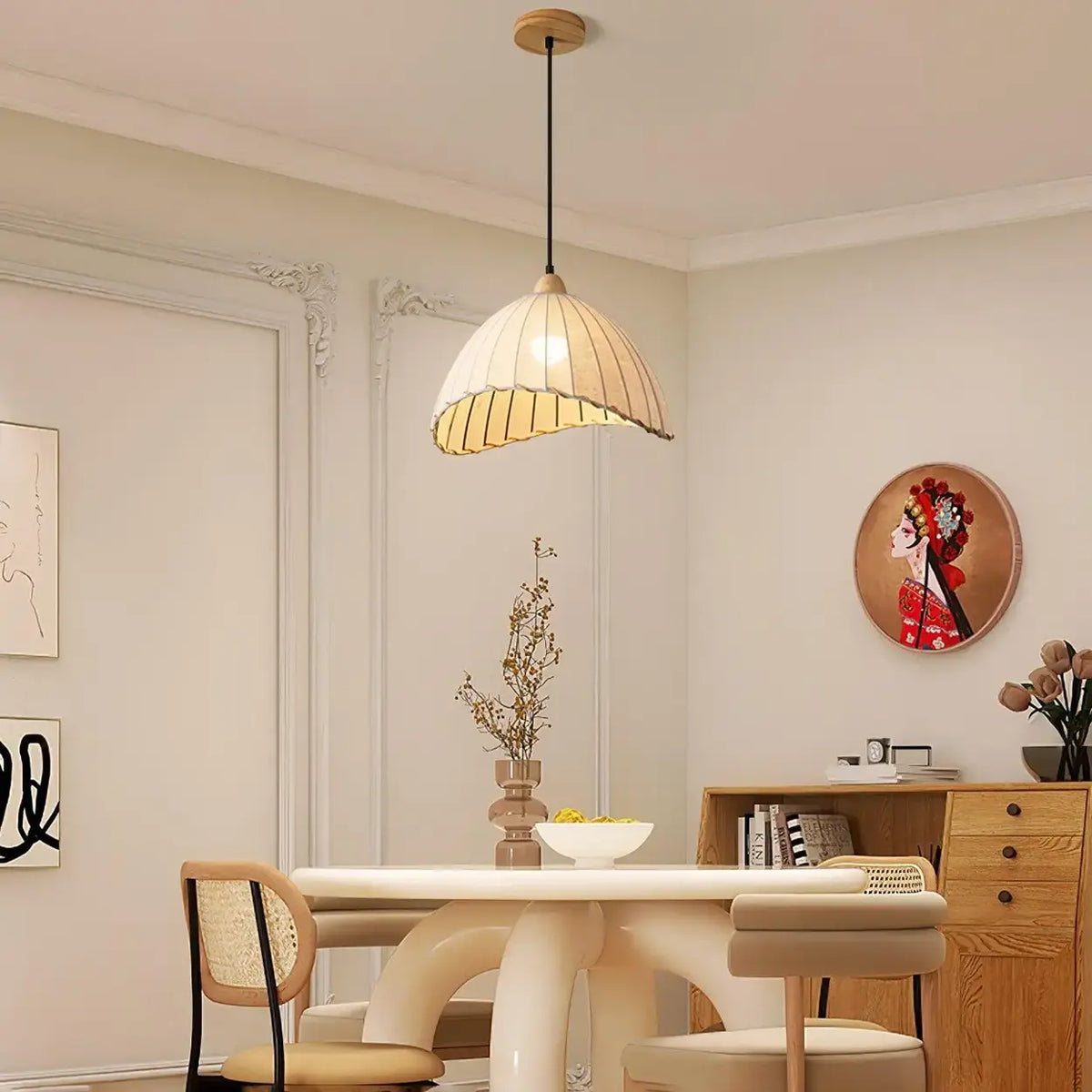 Wood & Linen Drum Ceiling Light 59 in Drop for Dining Tables Kitchen Islands E27 Socket Adjustable Hanging Fixture Natural Minimalist | Thomler