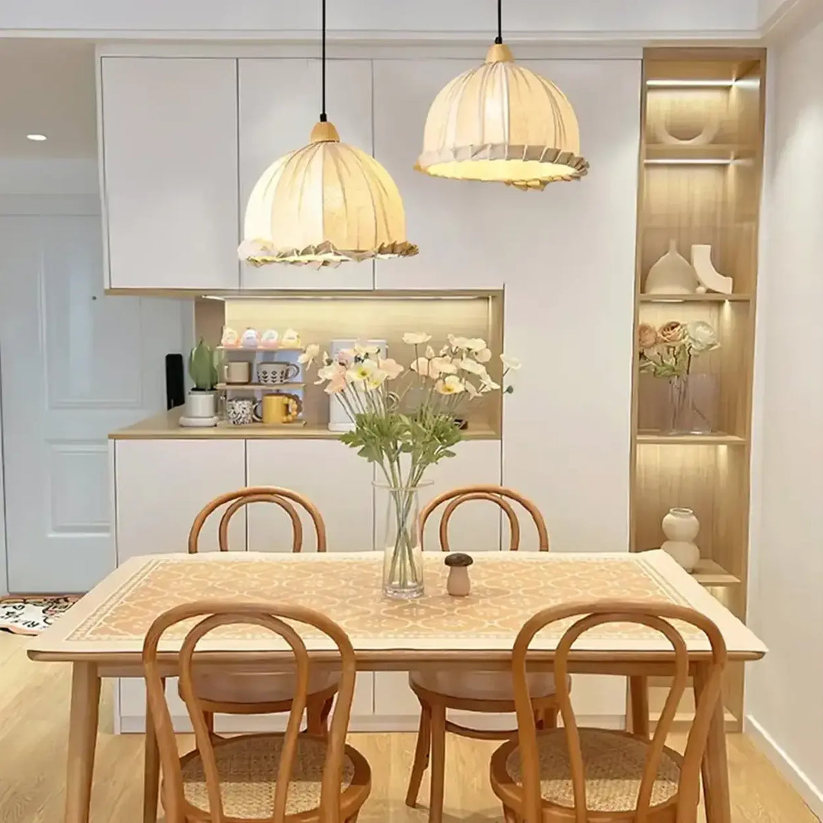 Wood & Linen Drum Ceiling Light 59 in Drop for Dining Tables Kitchen Islands E27 Socket Adjustable Hanging Fixture Natural Minimalist | Thomler
