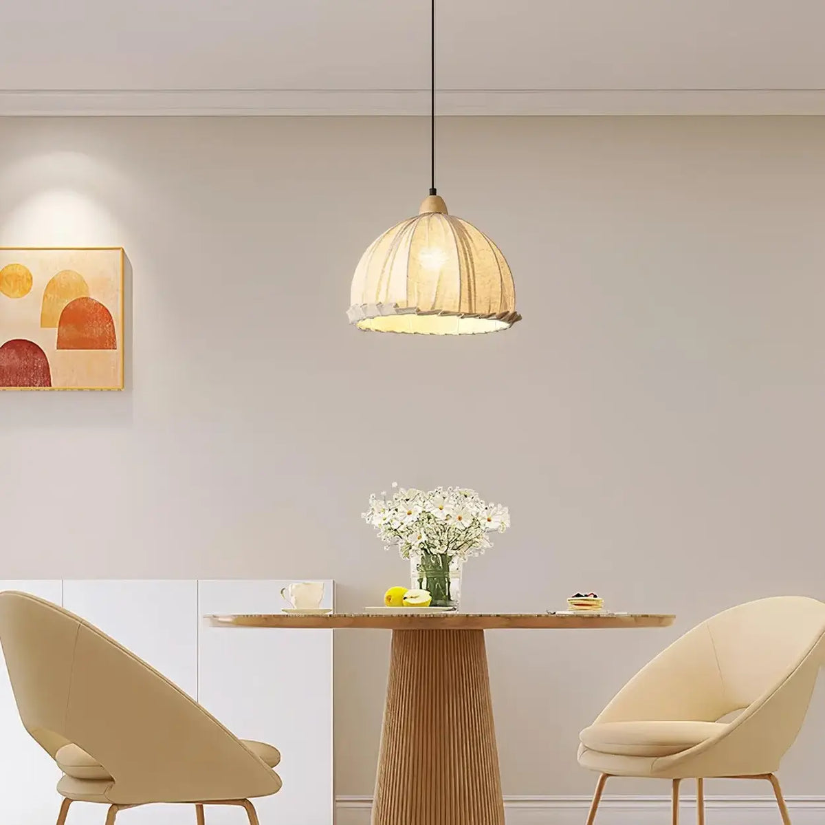 Wood & Linen Drum Ceiling Light 59 in Drop for Dining Tables Kitchen Islands E27 Socket Adjustable Hanging Fixture Natural Minimalist | Thomler