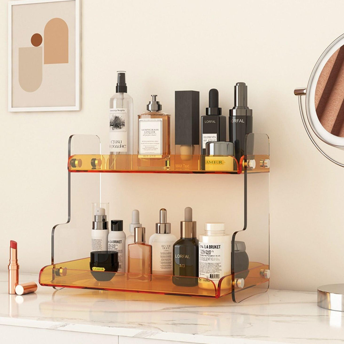 Acrylic Dual-Tier Vanity Organizer Purple 12.6 in Wide Bathroom Countertop Storage Rack for Makeup Skincare Toiletries | Thomler