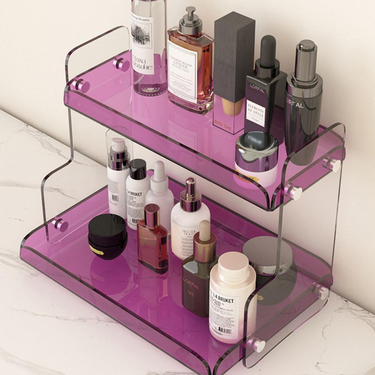 Acrylic Dual-Tier Vanity Organizer Purple 12.6 in Wide Bathroom Countertop Storage Rack for Makeup Skincare Toiletries | Thomler