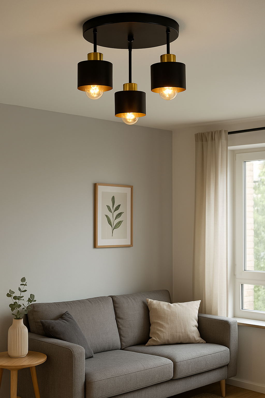 Three-Light Flush Mount Fixture Steel 12-Inch Black Gold Ceiling Lamp E27 for Dining Room Bedroom Hallway Modern Industrial Home Lighting | Thomler