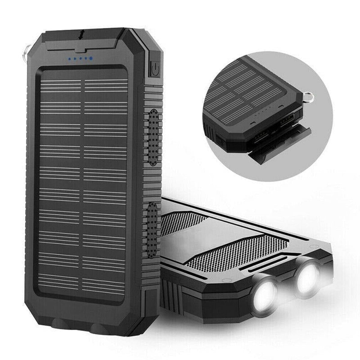 Cargador solar portátil con doble puerto USB, linterna LED y resistencia al agua IP44