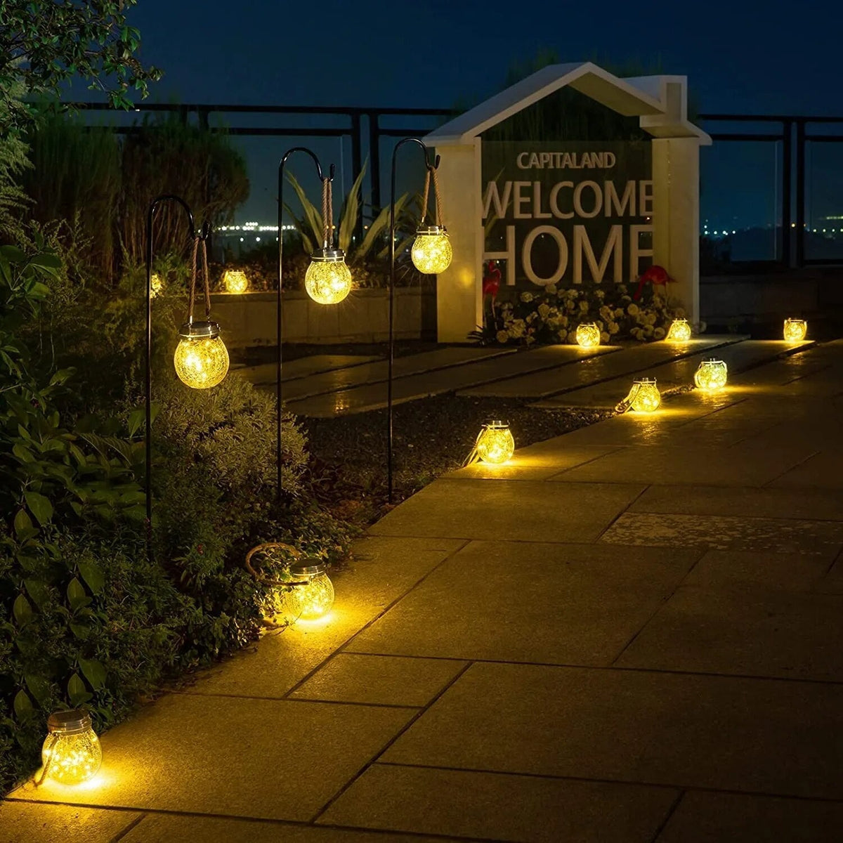 Outdoor Crackled Glass Solar Lantern with Auto Dusk Sensor & LED Light for Garden, Patio, Pathway & Porch Decor | Thomler