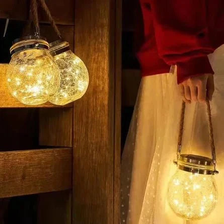 Outdoor Crackled Glass Solar Lantern with Auto Dusk Sensor & LED Light for Garden, Patio, Pathway & Porch Decor | Thomler