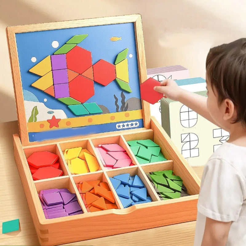 Wooden Magnetic Pattern Puzzle Game for Kids – 180 or 220 Colorful Shape Tiles with Design Cards – STEM Learning Toy for Creativity & Logic | Thomler