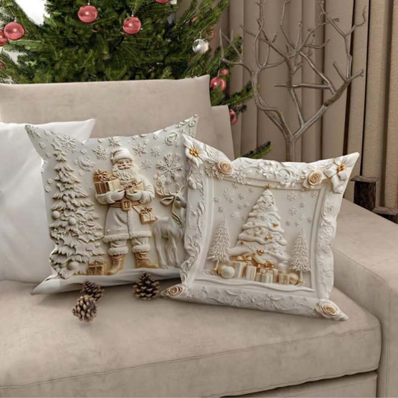 Set van 4 feestelijke kussenhoezen - Decoratieve kerstkussenslopen met ontwerpen van de kerstman, sneeuwman, boom & rendier voor op de bank, sofa, bed | Thomler