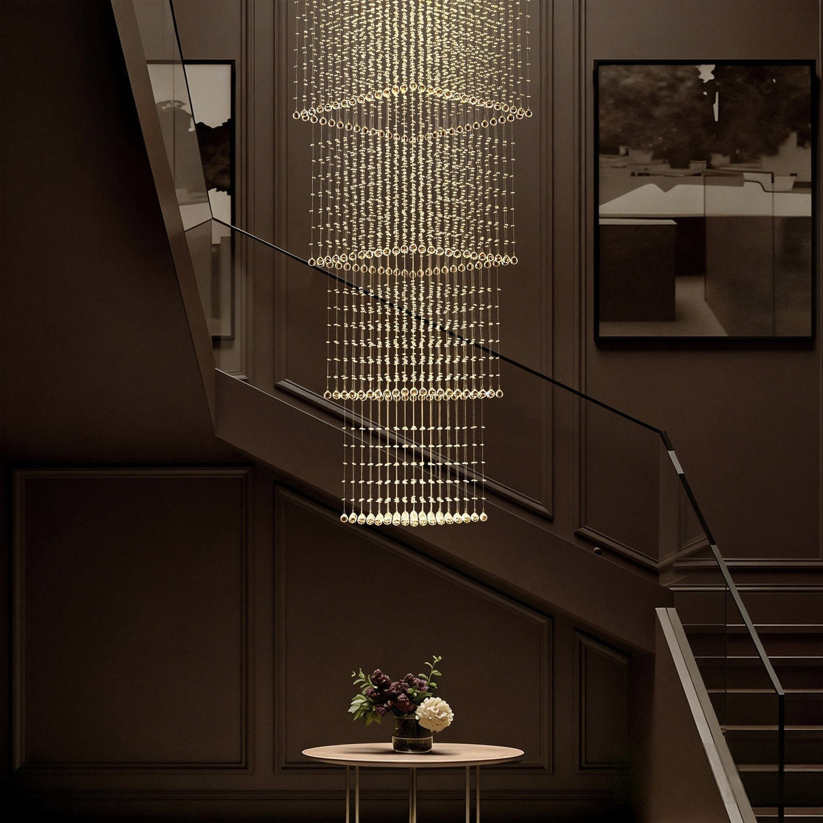 Tiered Raindrop Chandelier for High Ceilings | Stainless Steel Square Frame | GU10 LED Foyer Staircase Lighting | Chrome Finish Multi-Level | Thomler