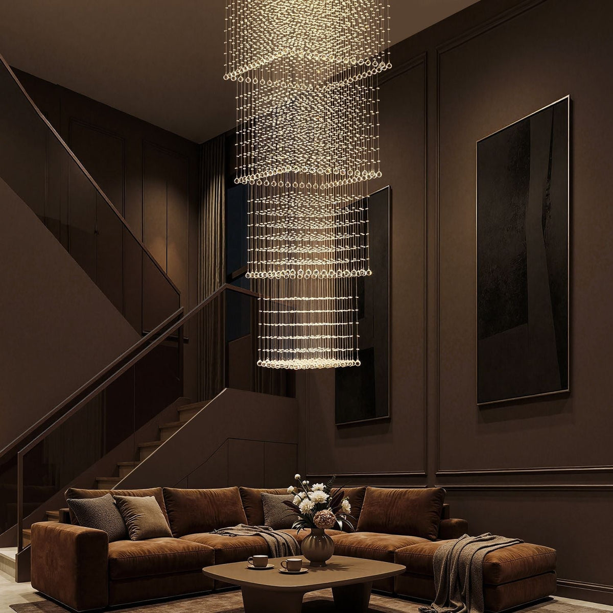 Tiered Raindrop Chandelier for High Ceilings | Stainless Steel Square Frame | GU10 LED Foyer Staircase Lighting | Chrome Finish Multi-Level | Thomler