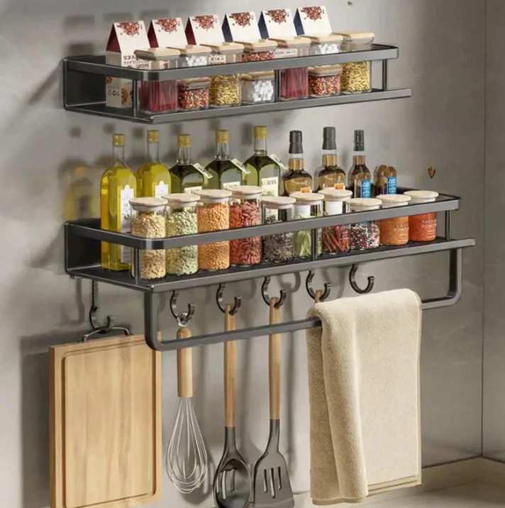 Metal Wall Shelf Organizer with Hooks Black 20 inch for Spices Utensils Towels Kitchen Storage Rack Countertop Space Saver | Thomler