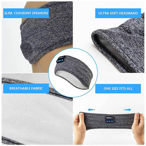 Schlaf-Stirnband mit Kopfhörern, weich, waschbar, kabellos, Bluetooth, für Schlaflosigkeit, Schnarchen, Lärmschutz, Meditation, Reise-Headset, Grau Schwarz
