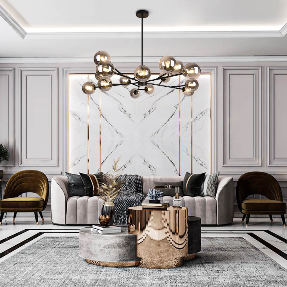 15-Light Linear Glass Globe Fixture for Dining Tables & Islands 44 in Wide Adjustable Dimmable G9 Ceiling Light | Thomler