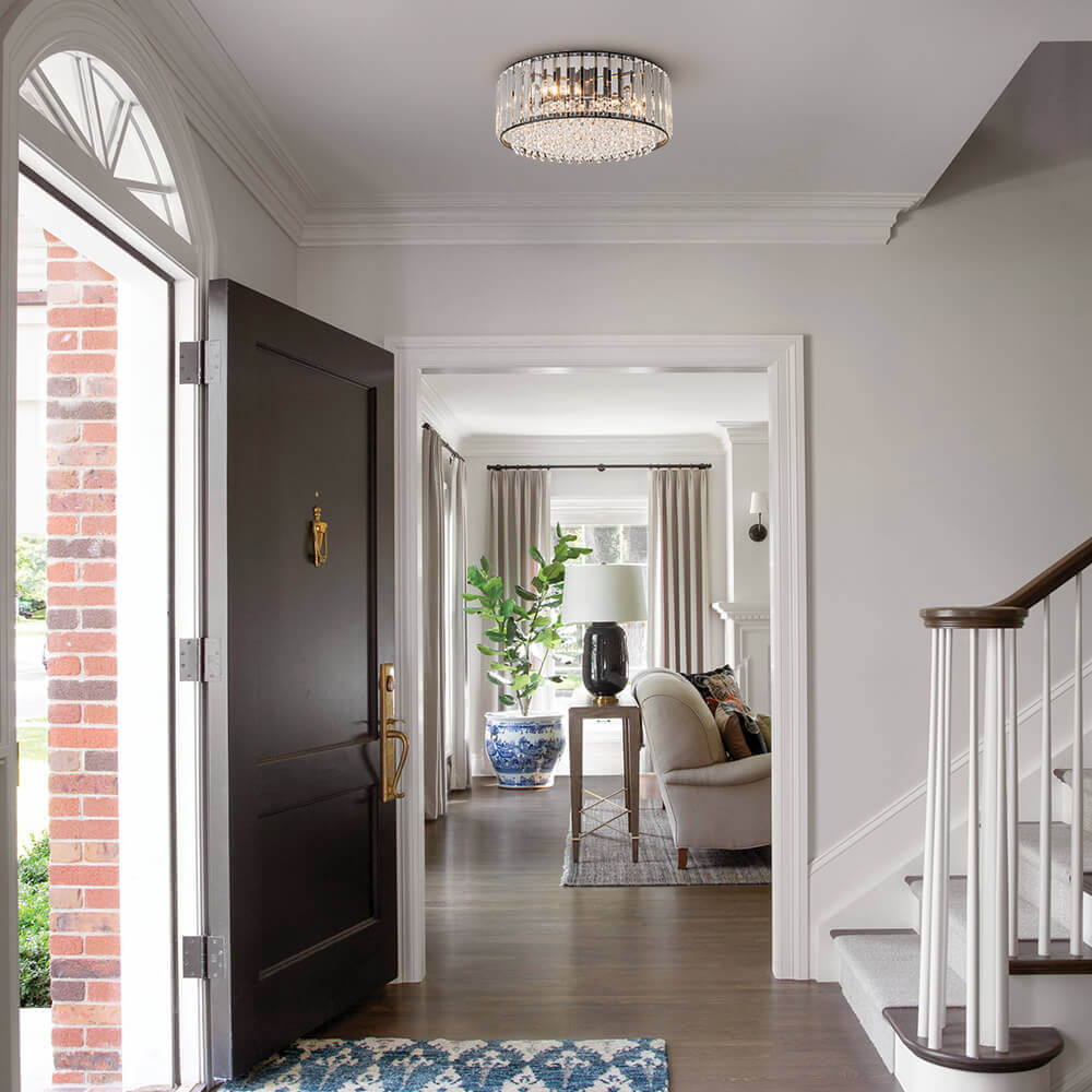 Flush Mount Light Fixture Crystal Accents 3-Bulb Dimmable 14 in Diameter Low Profile for Bedroom Hallway Entry Modern Overhead Lighting Meta | Thomler