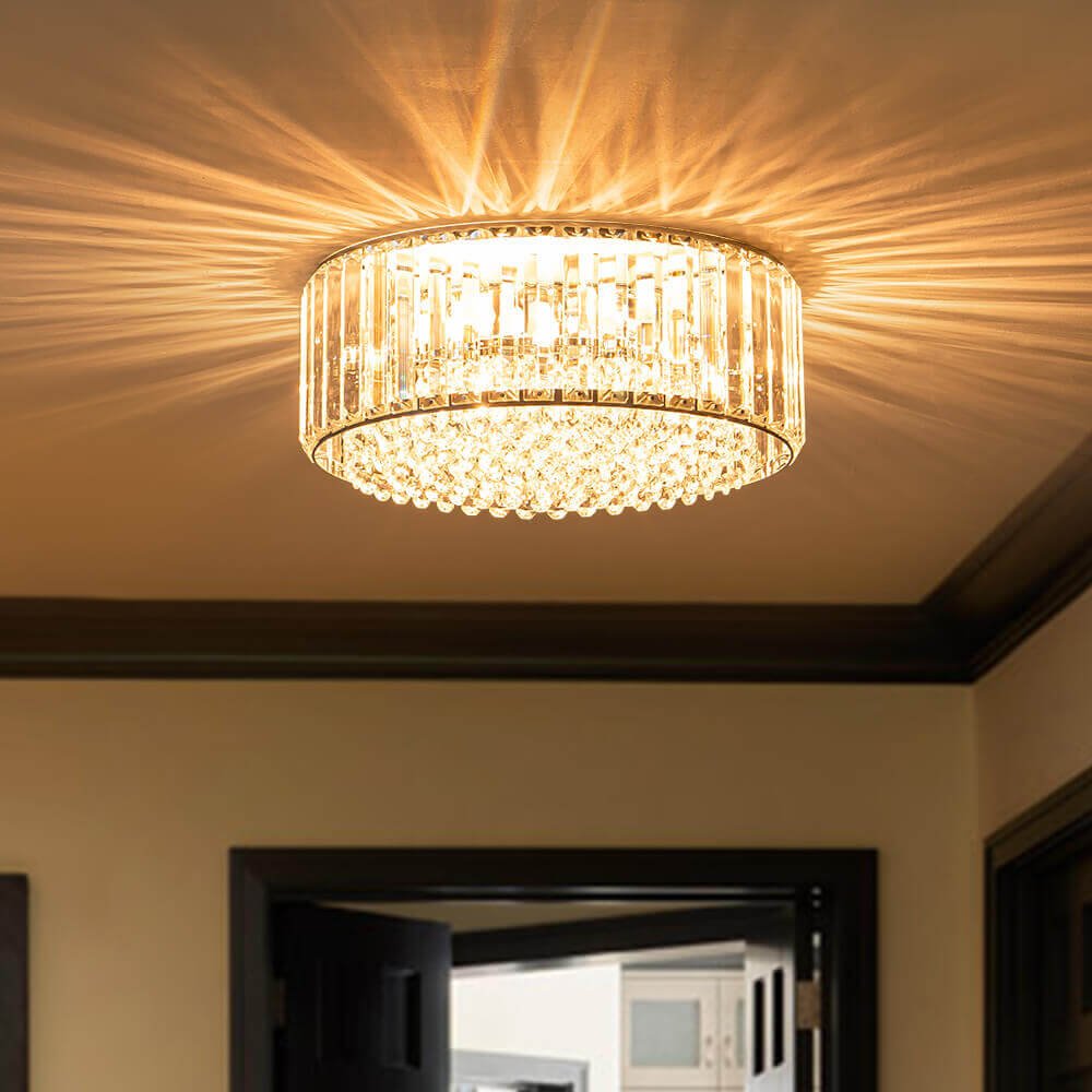 Flush Mount Light Fixture Crystal Accents 3-Bulb Dimmable 14 in Diameter Low Profile for Bedroom Hallway Entry Modern Overhead Lighting Meta | Thomler