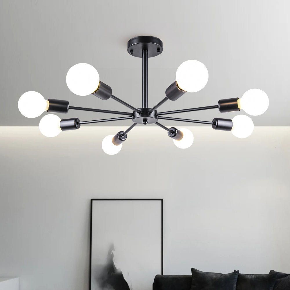 Eight-Arm Metal Pendant Light 24 in Black Brass Chrome Nickel Multi-Bulb Semi-Flush Fixture for Dining Room Kitchen Living Room Contemporary | Thomler