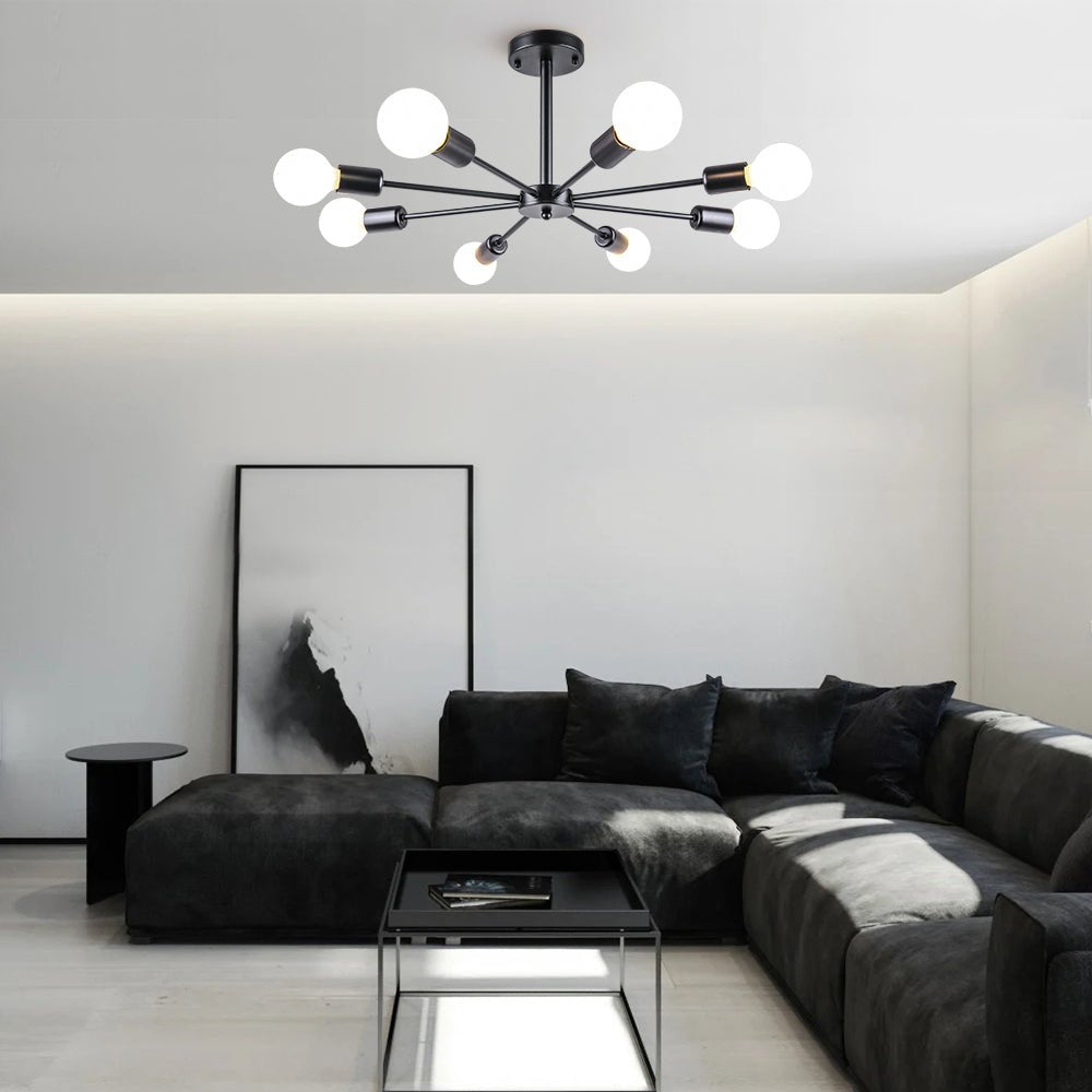 Eight-Arm Metal Pendant Light 24 in Black Brass Chrome Nickel Multi-Bulb Semi-Flush Fixture for Dining Room Kitchen Living Room Contemporary | Thomler