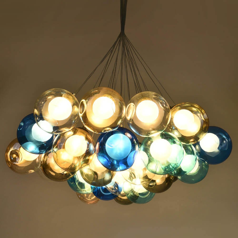 Multicolor Glass Globe Chandelier 20 Inch Cluster Adjustable Height Ceiling Light for Kitchen Dining Room Living Room Statement Lighting Fix | Thomler