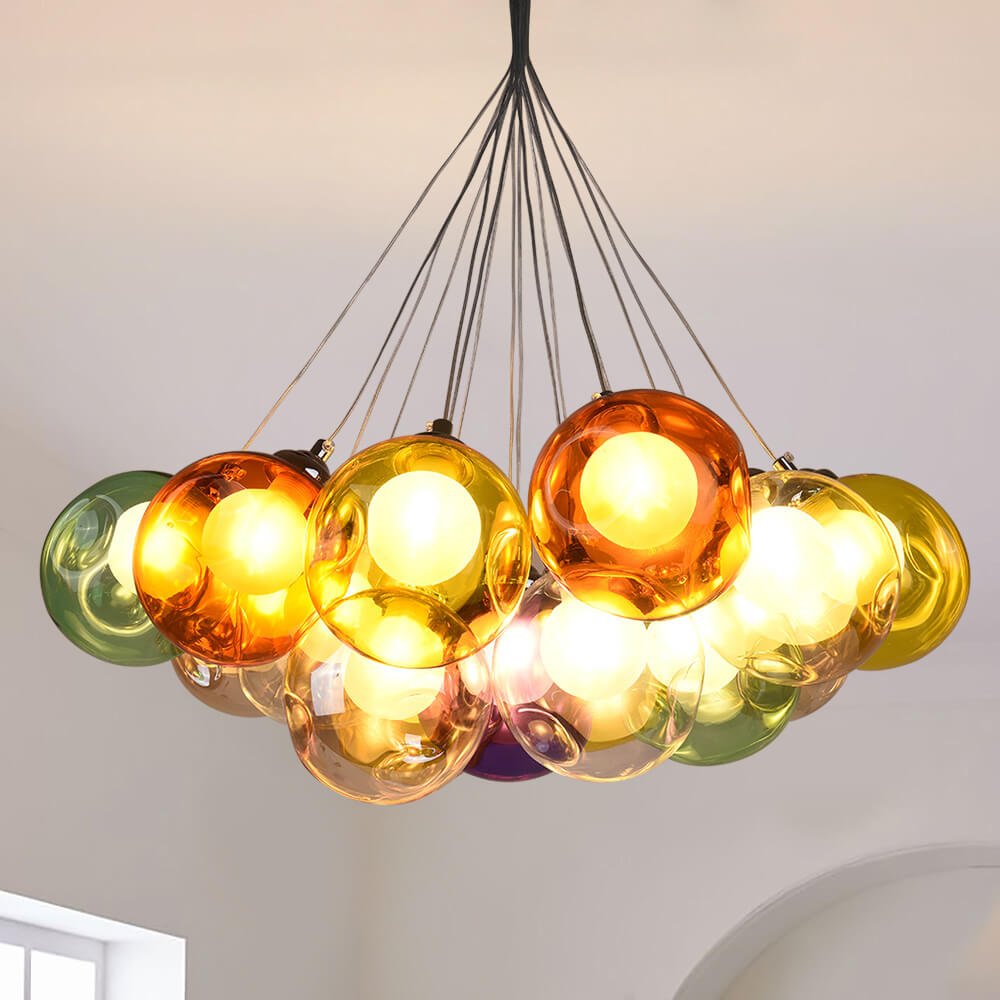 Multicolor Glass Globe Chandelier 20 Inch Cluster Adjustable Height Ceiling Light for Kitchen Dining Room Living Room Statement Lighting Fix | Thomler