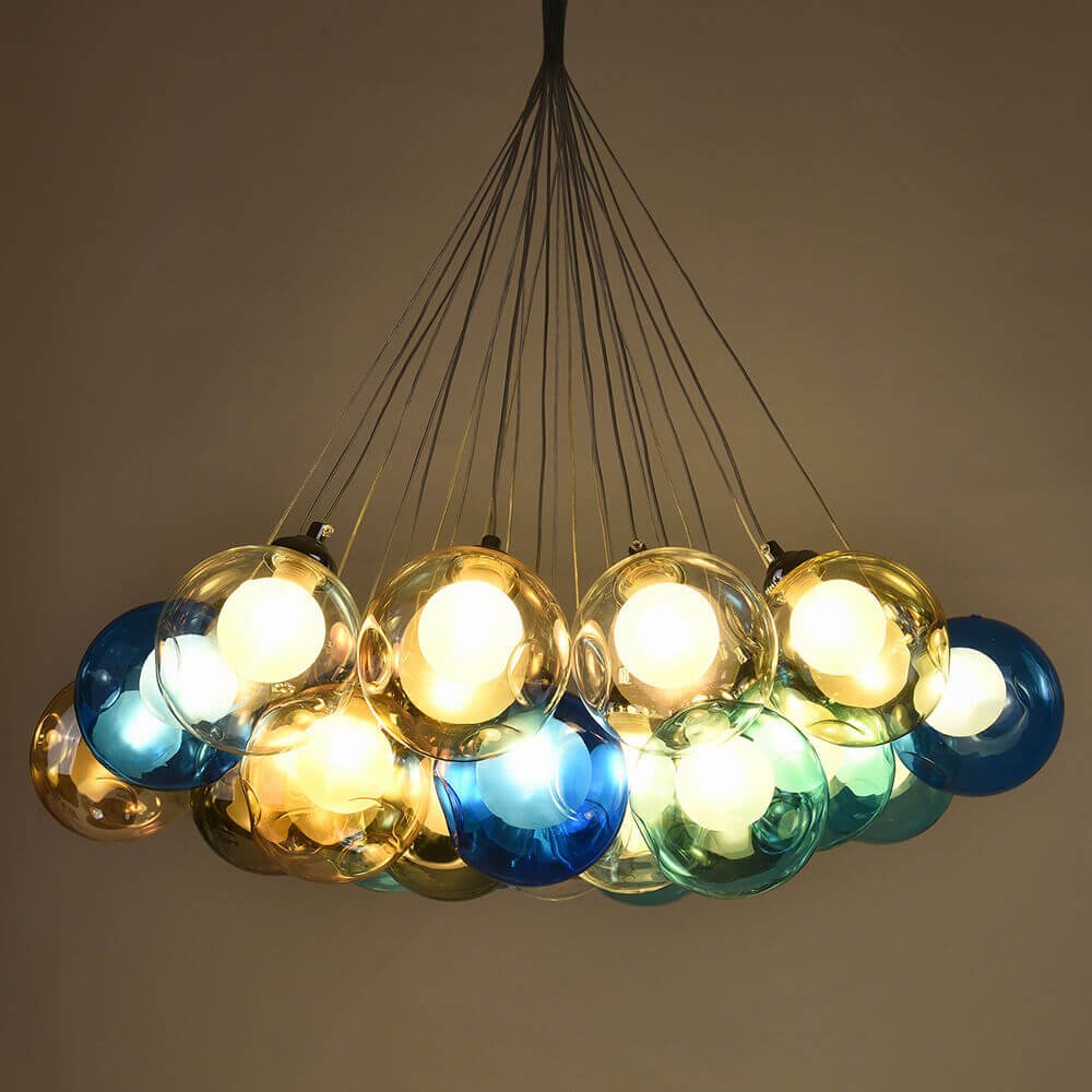 Multicolor Glass Globe Chandelier 20 Inch Cluster Adjustable Height Ceiling Light for Kitchen Dining Room Living Room Statement Lighting Fix | Thomler