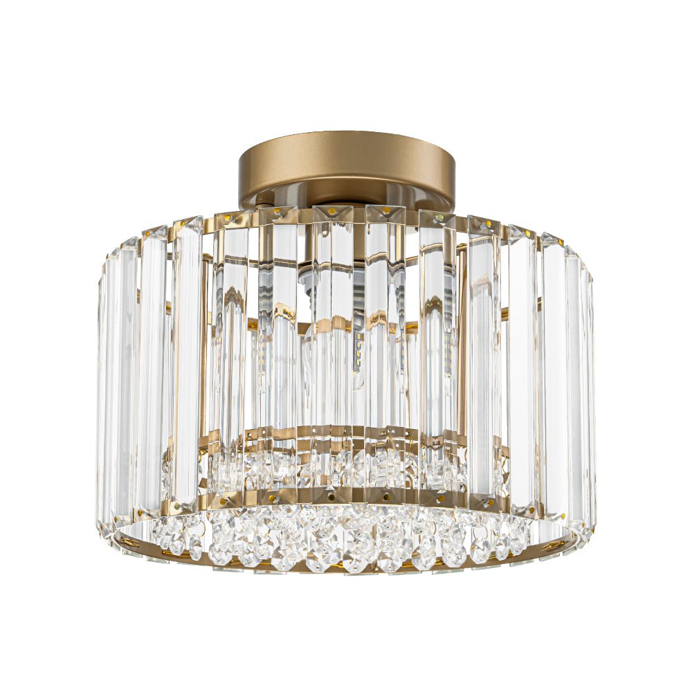 Flush Mount Crystal Fixture with Brass Tone – Dimmable Overhead Light for Entryways, Compact Rooms & Hallways – 10.6 in × 8.3 in Drum Design | Thomler