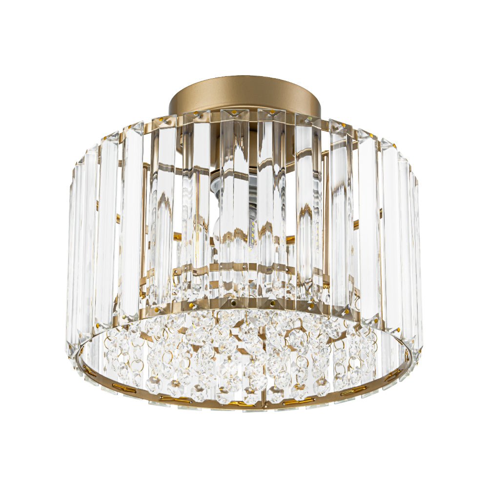 Flush Mount Crystal Fixture with Brass Tone – Dimmable Overhead Light for Entryways, Compact Rooms & Hallways – 10.6 in × 8.3 in Drum Design | Thomler