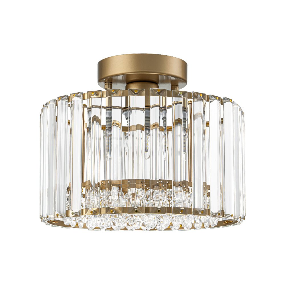 Flush Mount Crystal Fixture with Brass Tone – Dimmable Overhead Light for Entryways, Compact Rooms & Hallways – 10.6 in × 8.3 in Drum Design | Thomler