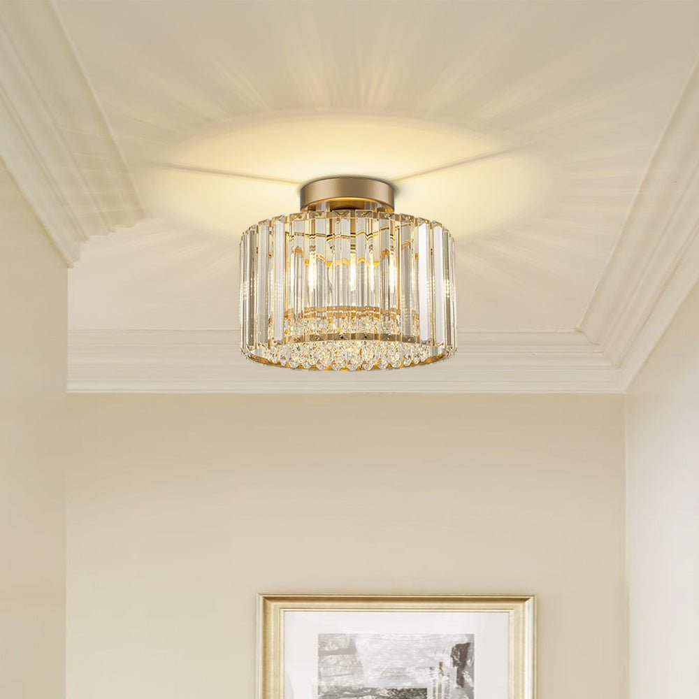 Flush Mount Crystal Fixture with Brass Tone – Dimmable Overhead Light for Entryways, Compact Rooms & Hallways – 10.6 in × 8.3 in Drum Design | Thomler
