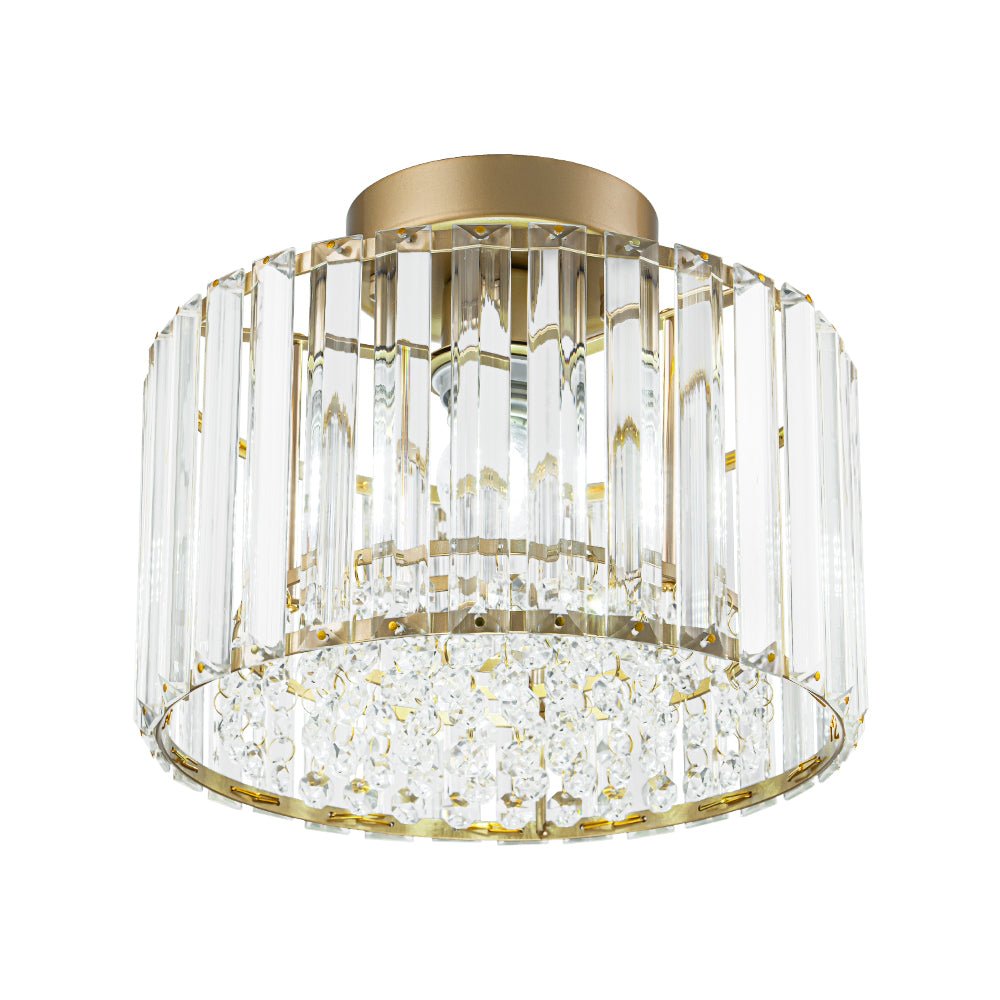 Flush Mount Crystal Fixture with Brass Tone – Dimmable Overhead Light for Entryways, Compact Rooms & Hallways – 10.6 in × 8.3 in Drum Design | Thomler