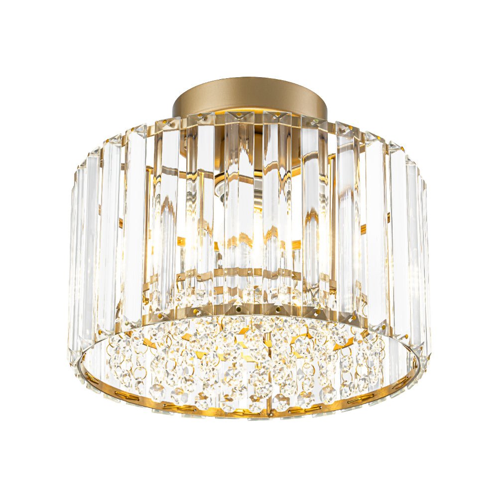 Flush Mount Crystal Fixture with Brass Tone – Dimmable Overhead Light for Entryways, Compact Rooms & Hallways – 10.6 in × 8.3 in Drum Design | Thomler