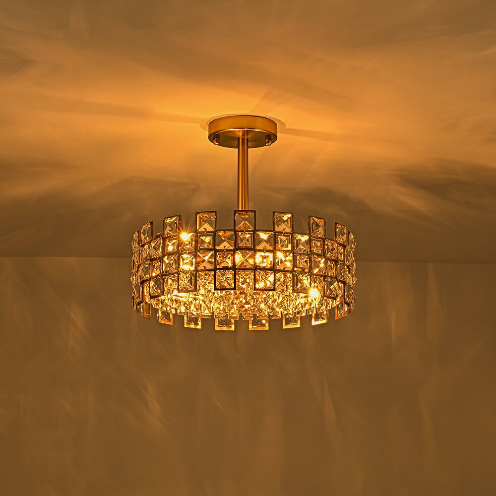 Semi-Flush Crystal Drum Light 15 Inch Dimmable Chrome Brass Metal Glass for Bedroom Living Room Dining Room Hallway Entry Foyer Modern Glam | Thomler