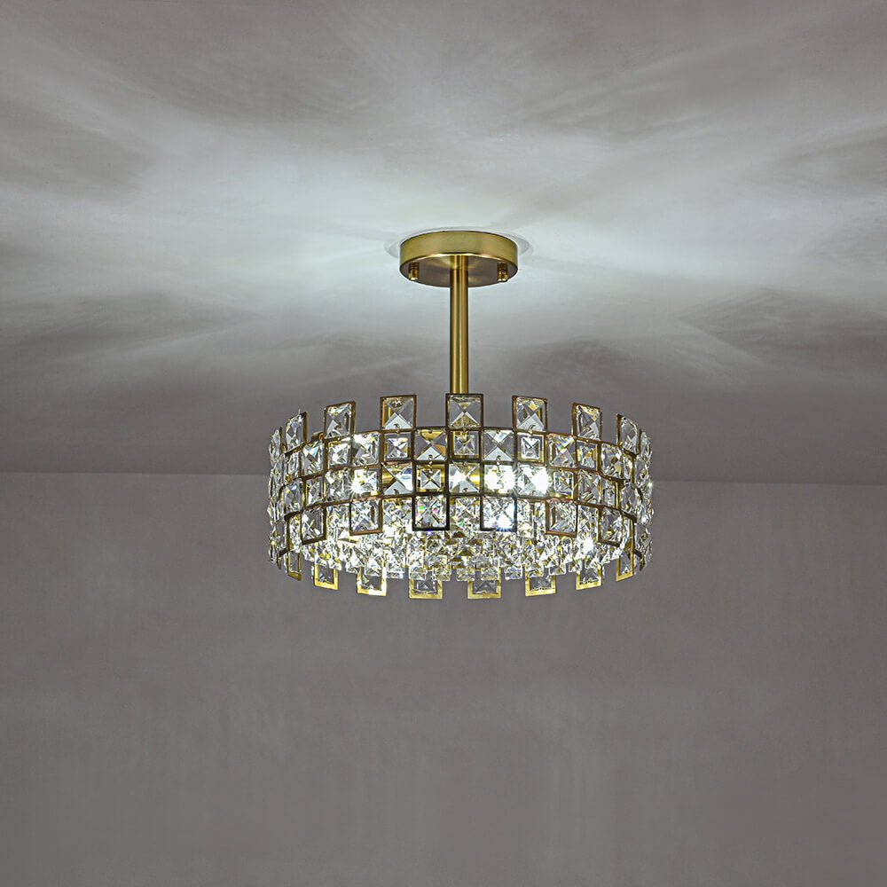 Semi-Flush Crystal Drum Light 15 Inch Dimmable Chrome Brass Metal Glass for Bedroom Living Room Dining Room Hallway Entry Foyer Modern Glam | Thomler