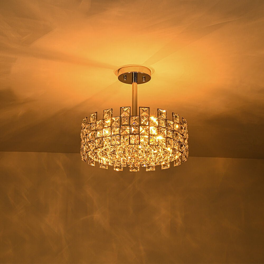 Semi-Flush Crystal Drum Light 15 Inch Dimmable Chrome Brass Metal Glass for Bedroom Living Room Dining Room Hallway Entry Foyer Modern Glam | Thomler