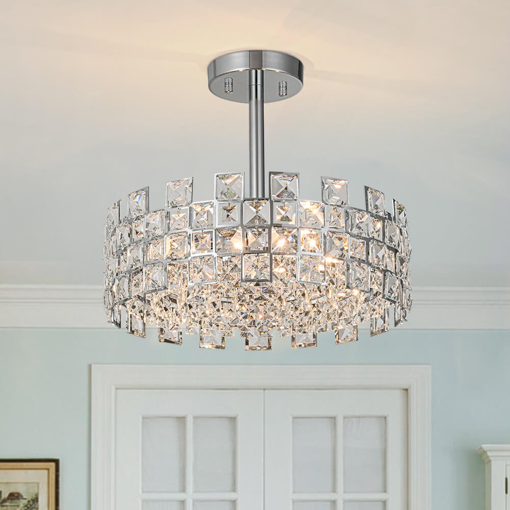 Semi-Flush Crystal Drum Light 15 Inch Dimmable Chrome Brass Metal Glass for Bedroom Living Room Dining Room Hallway Entry Foyer Modern Glam | Thomler
