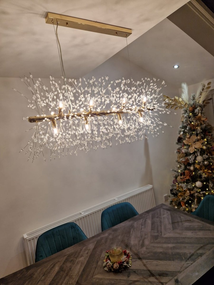 Lineaire kristallen kroonluchter 36-inch 12-lichts goud chroom afwerking voor eetkamer kookeiland eigentijds plafondarmatuur modern verstelbaar | Thomler