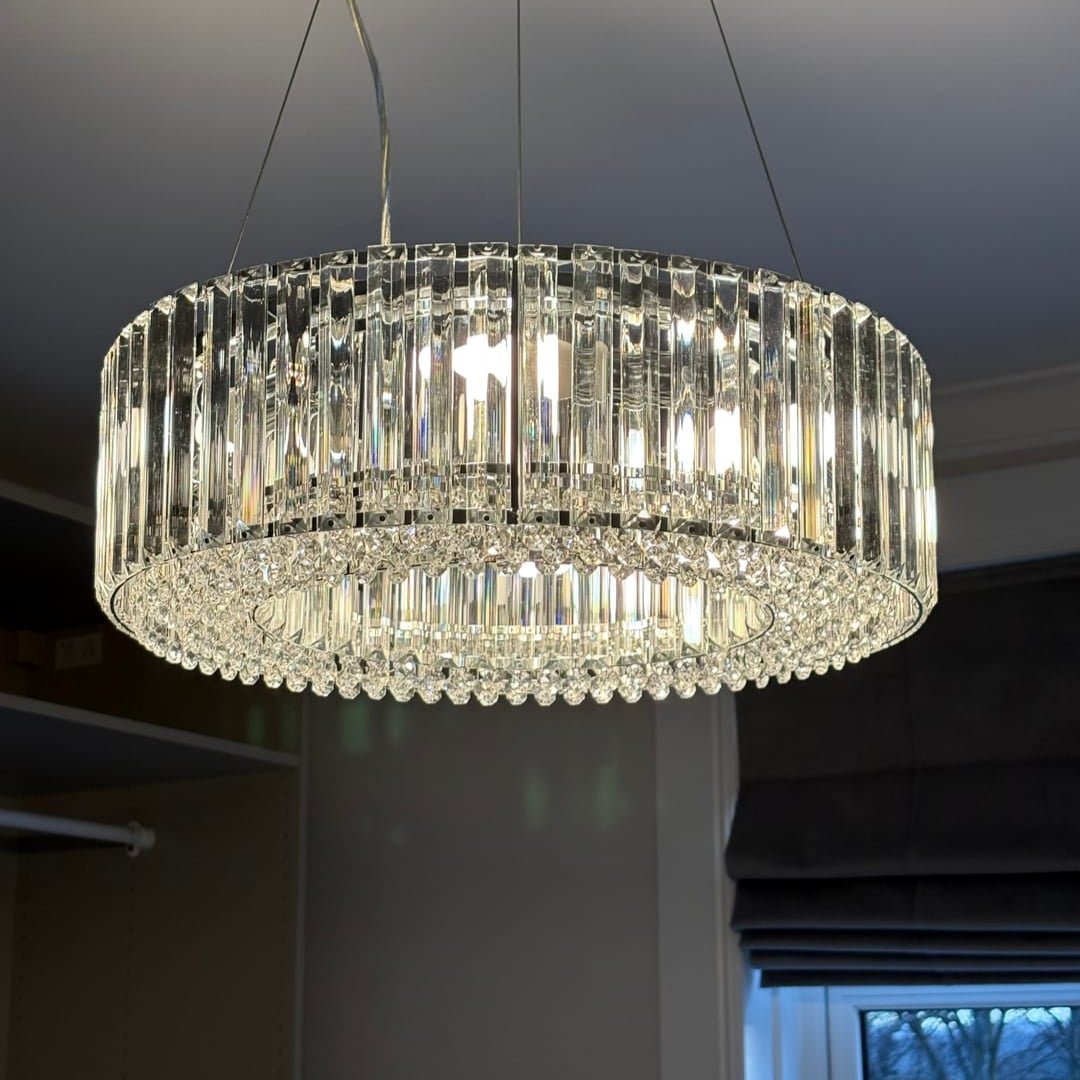 Round Chrome Fixture with Faceted Accents 20-Inch 6-Socket Adjustable Hanging Lamp for Foyer Dining Living Room Kitchen | Thomler