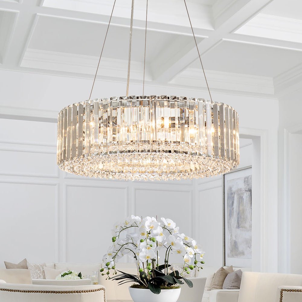 Round Chrome Fixture with Faceted Accents 20-Inch 6-Socket Adjustable Hanging Lamp for Foyer Dining Living Room Kitchen | Thomler
